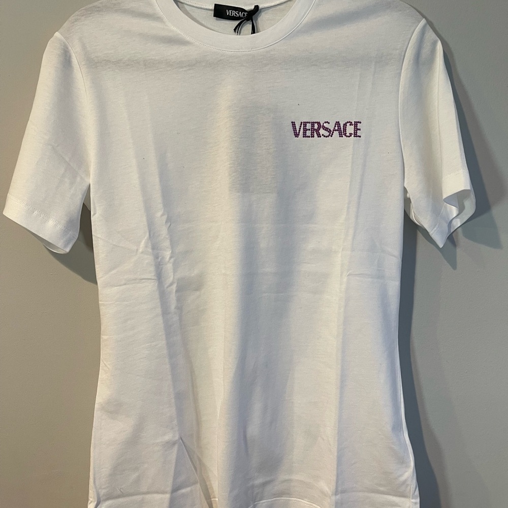 Versace Women's Fuchsia Crystal Embellished Logo T-shirt 100% Cotton, XS - NWT